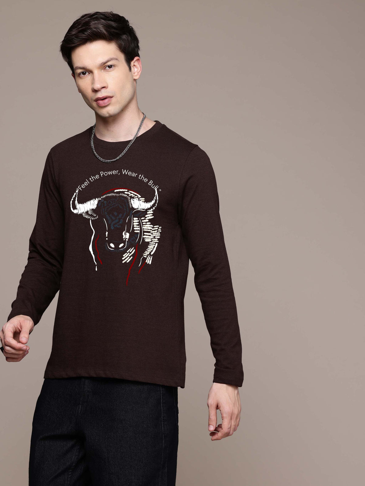 Mens Graphic Long Sleeve Coffee Brown T-Shirt