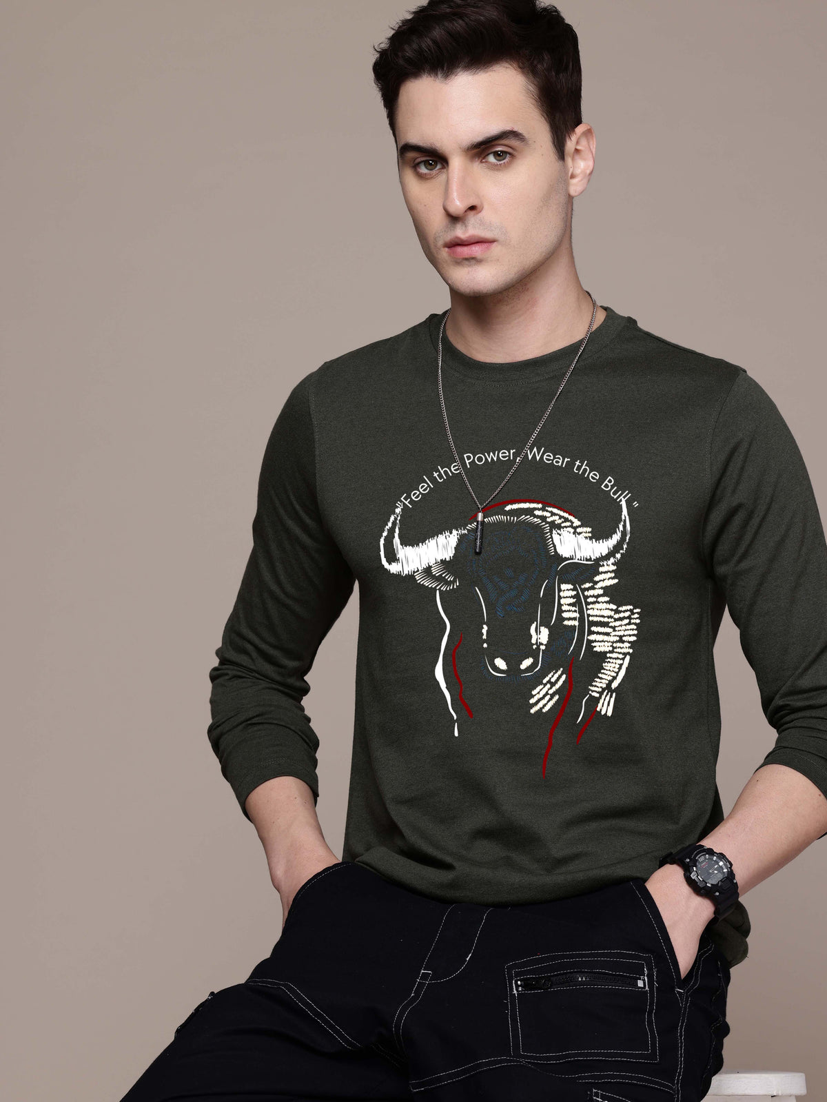 Mens Graphic Long Sleeve Olive Green T-Shirt