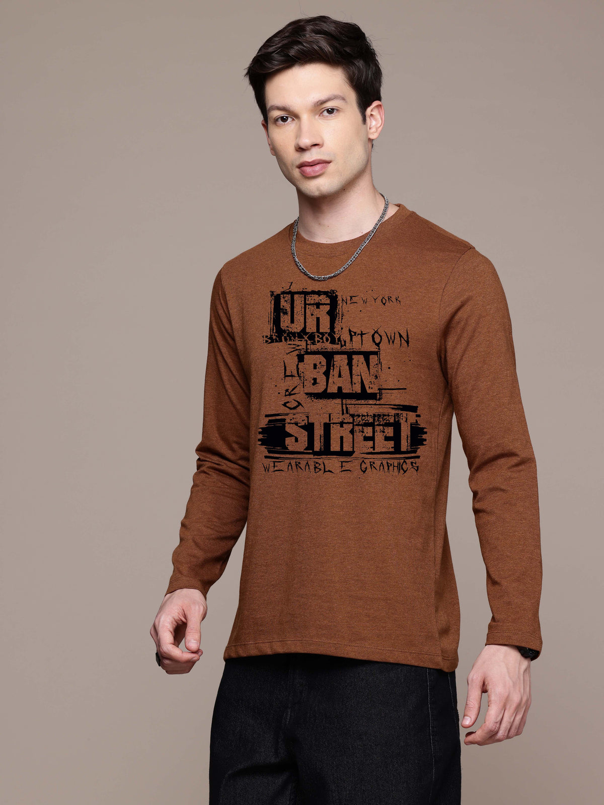 Mens Graphic Long Sleeve Mustard Brown T-Shirt