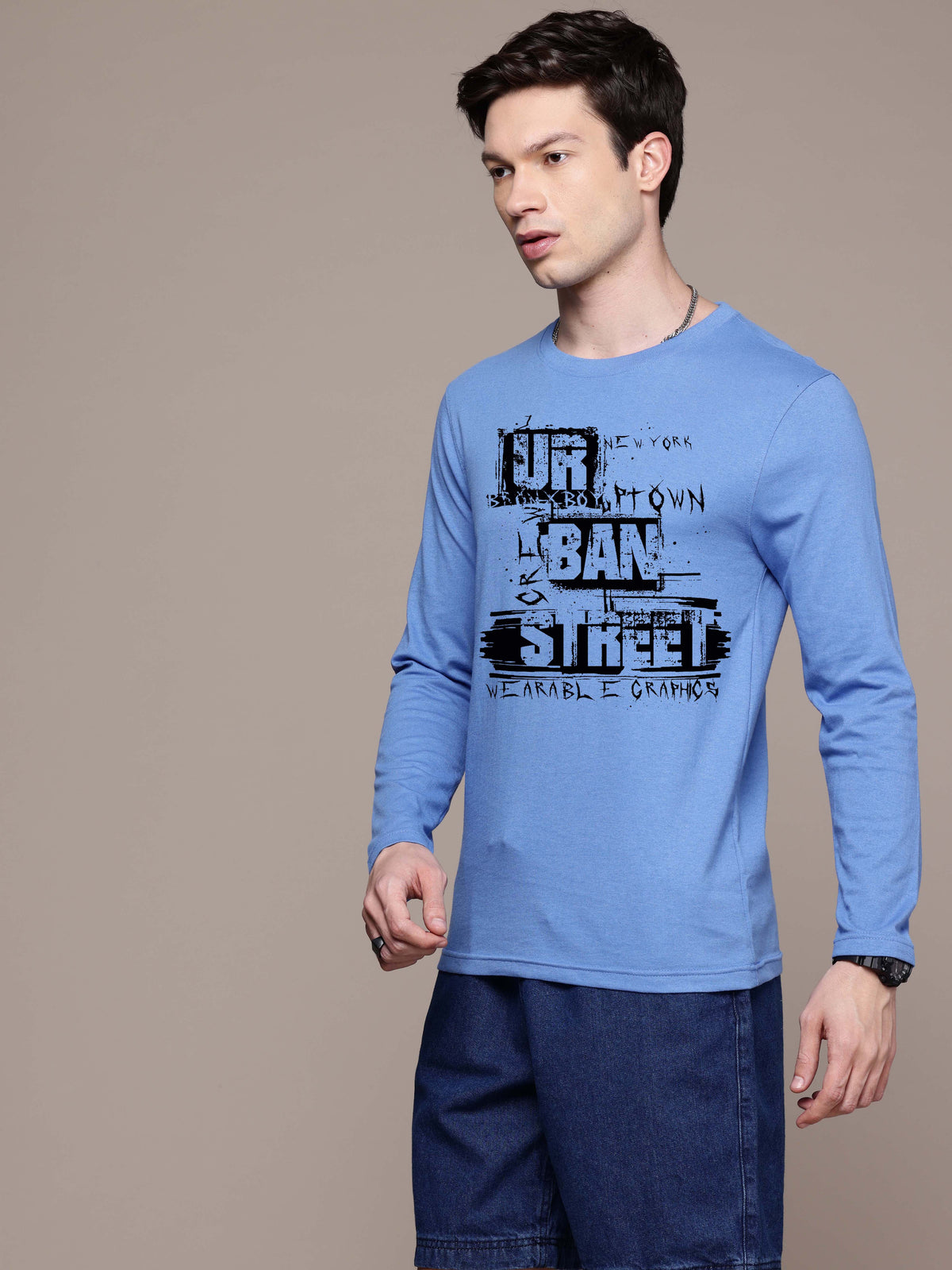 Mens Graphic Long Sleeve Sky Blue T-Shirt