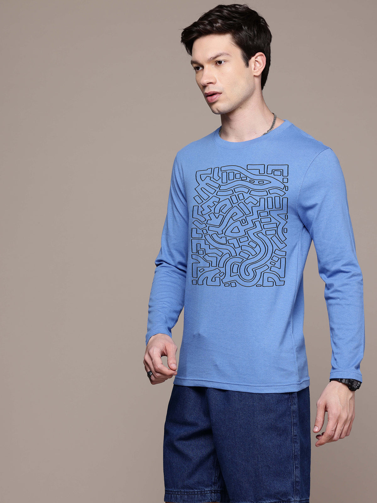 Mens Graphic Long Sleeve Airforce Blue T-Shirt