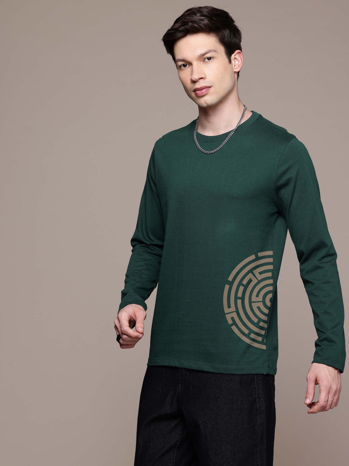 Mens graphic Long Sleeve Bottle Green T-Shirt