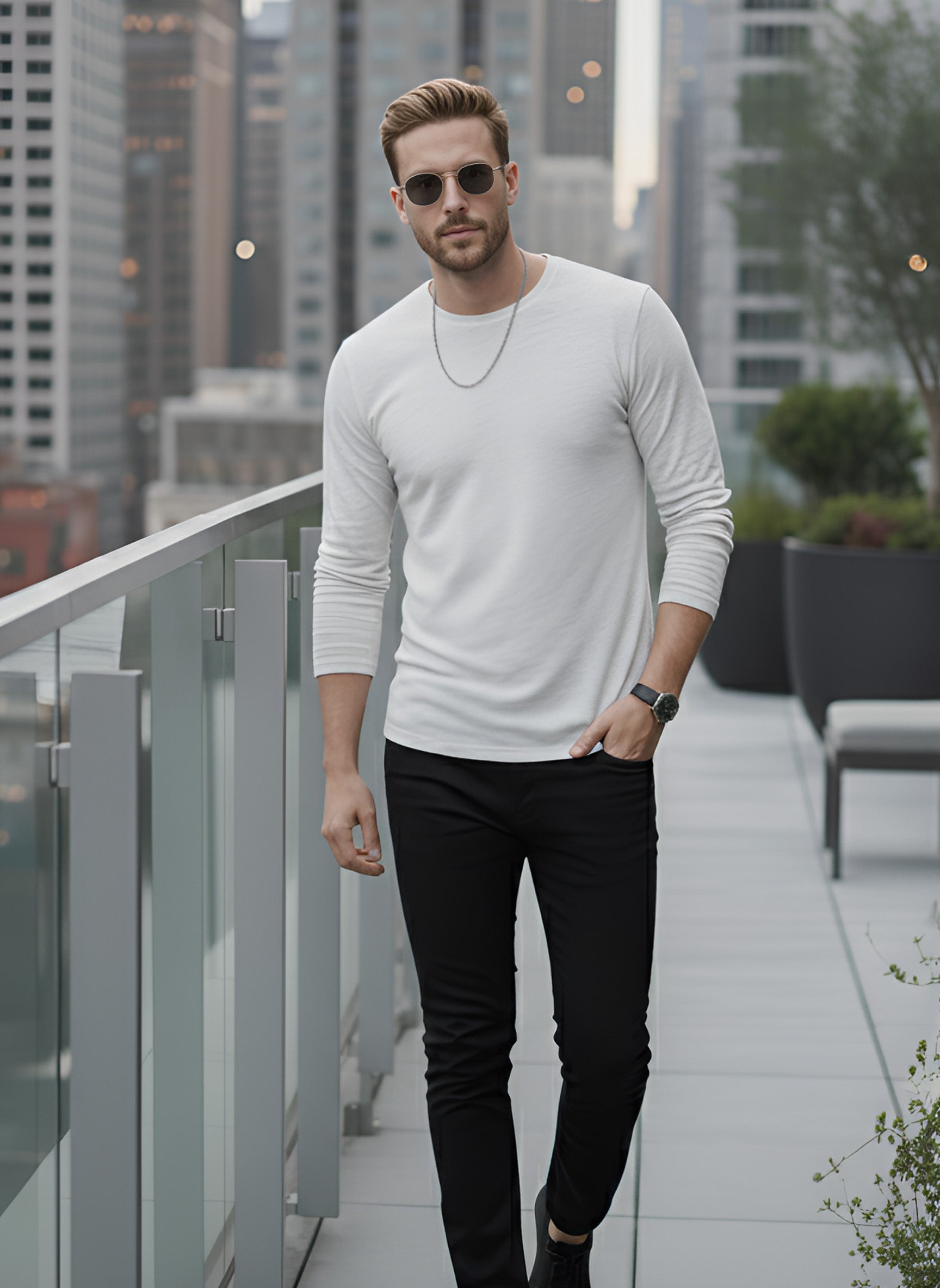 Long Sleeve White Melange  T-Shirt
