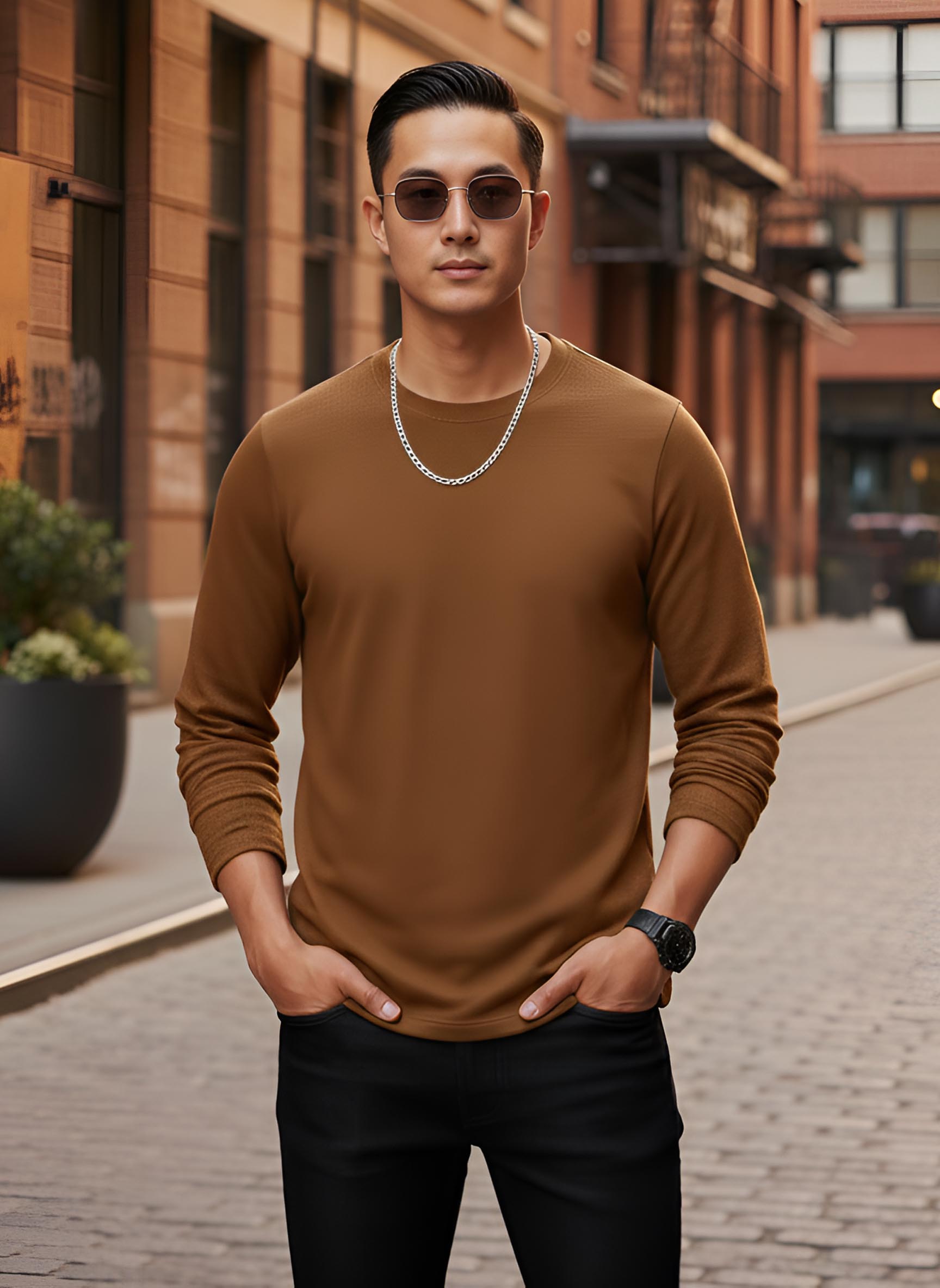 Long Sleeve Mustard Brown T-Shirt