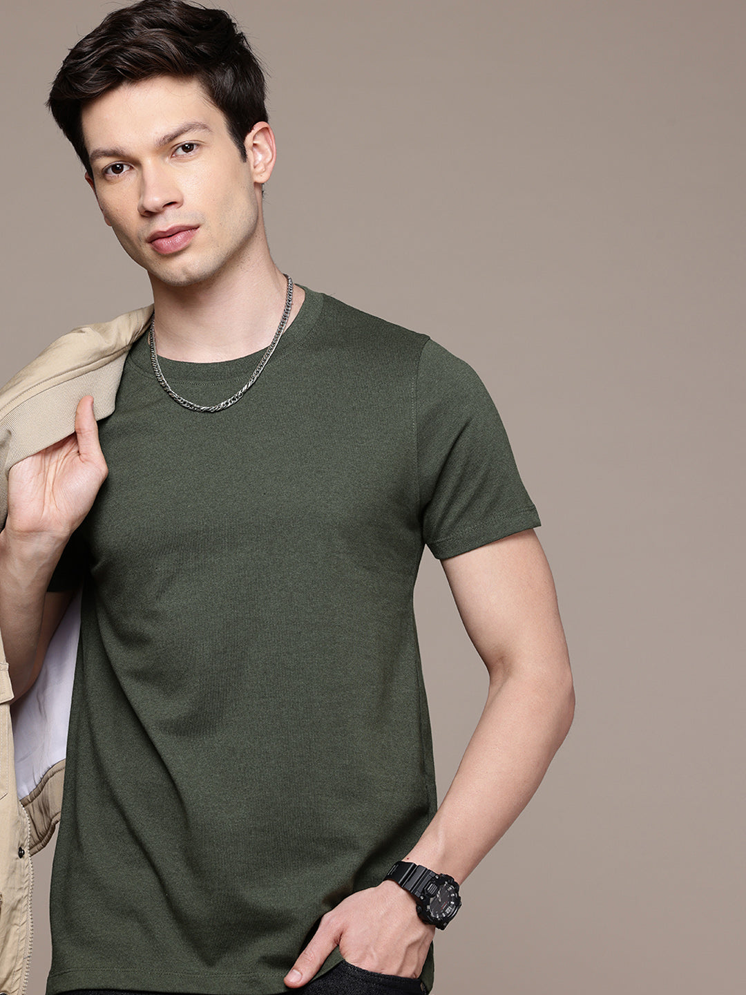 Mens Regular Half Sleeve Olive Green T-Shirt