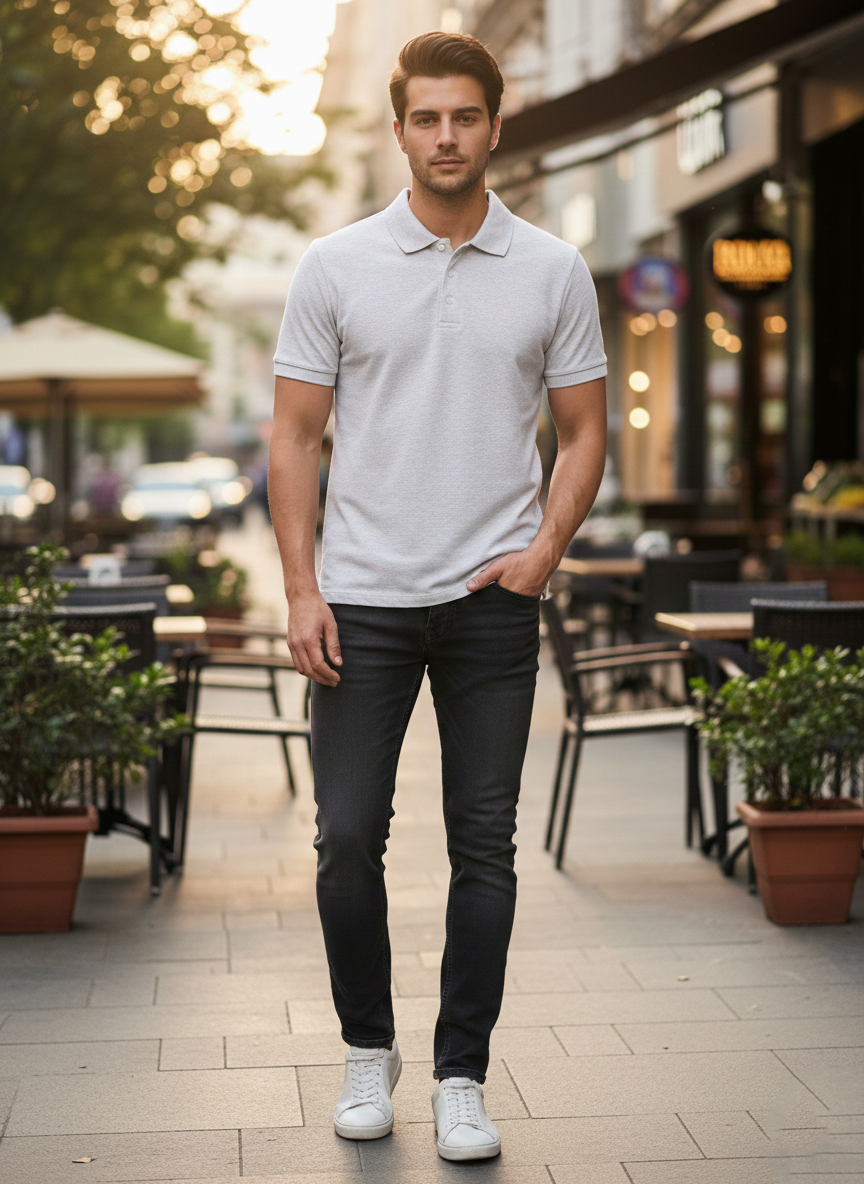 White Melange Polo T-Shirt