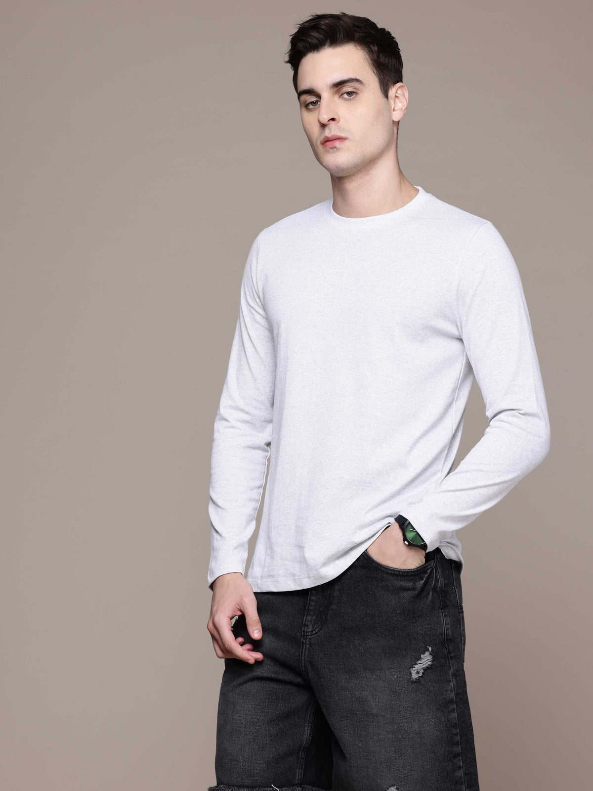 Mens Long Sleeve White Melange