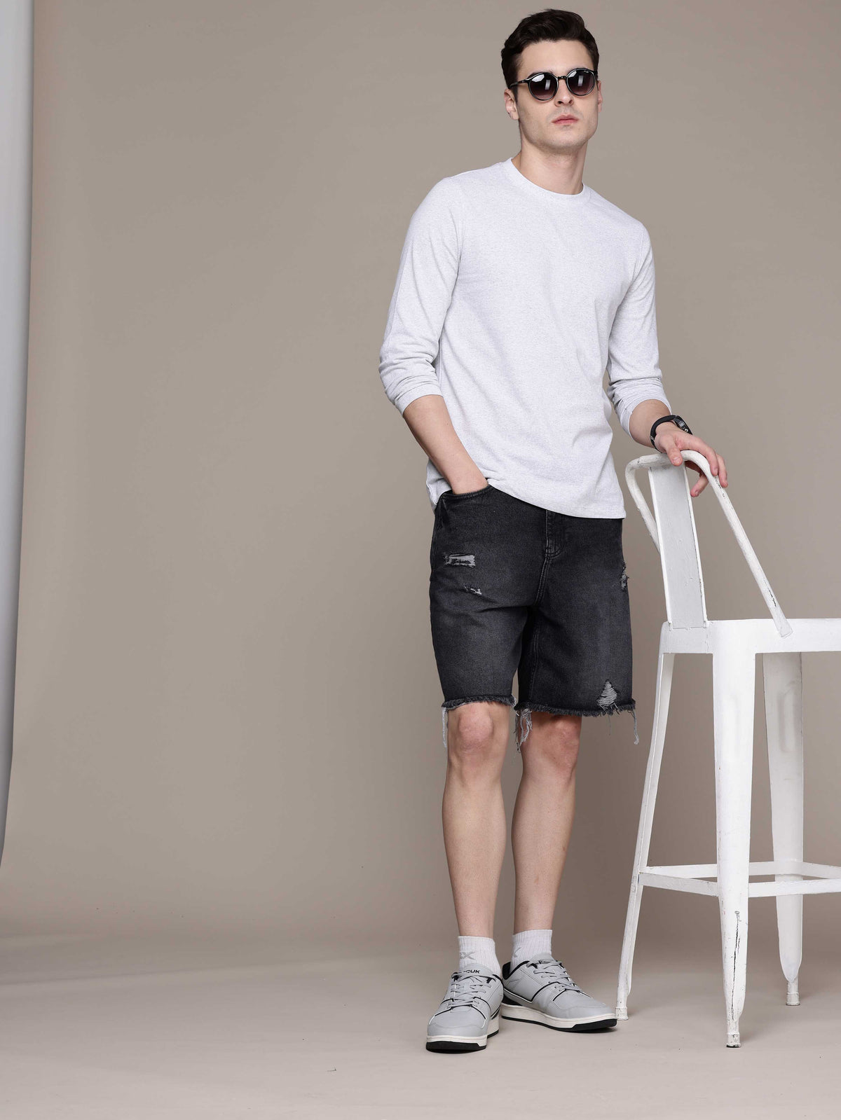 Mens Long Sleeve White Melange