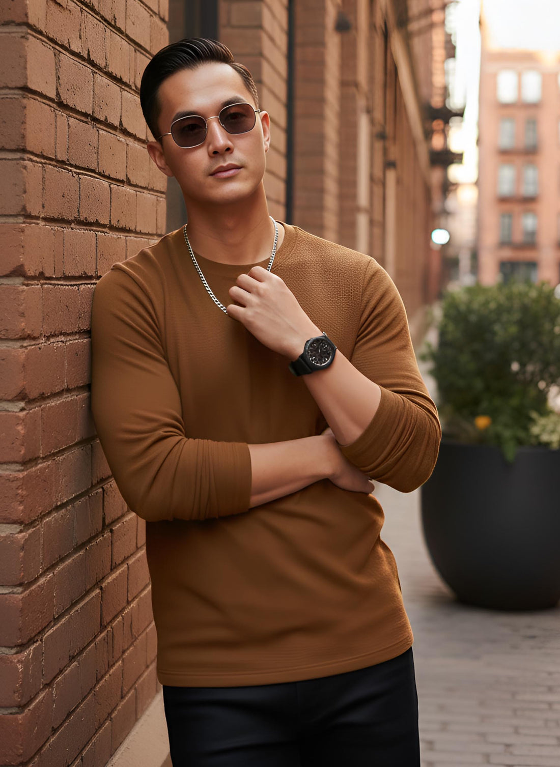 Long Sleeve Mustard Brown T-Shirt