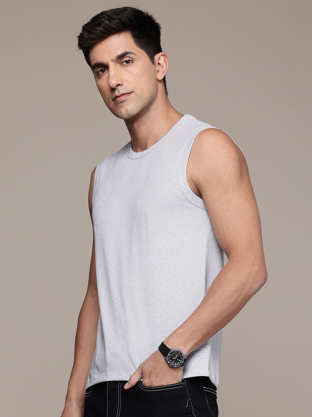 Sleeveless White Melange T-Shirt