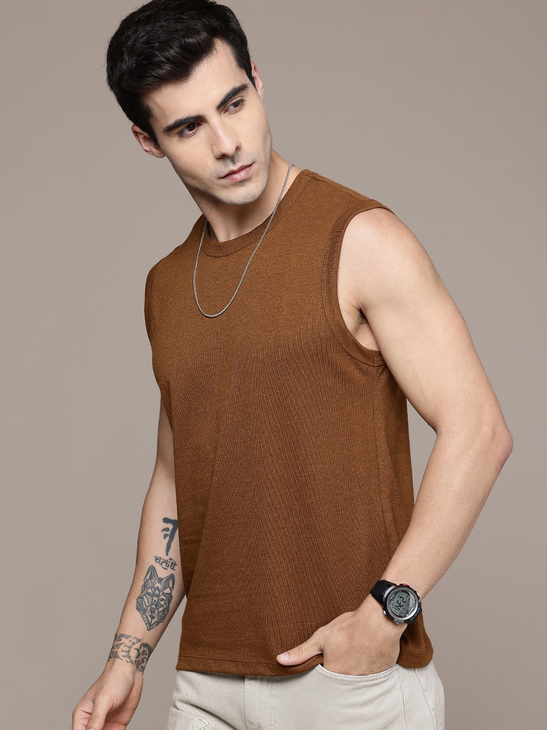Sleeveless  Mustard Brown T-Shirt