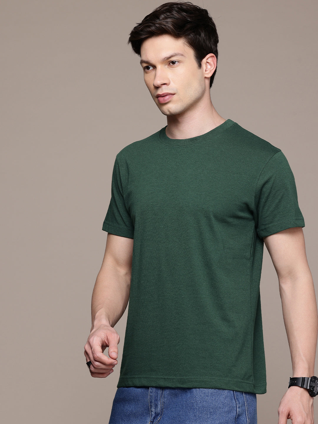 Mens Regular Half Sleeve Bottle Green T-Shirt