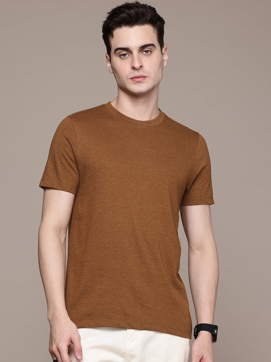 Mens Regular Half Sleeve Mustard Brown T-Shirt