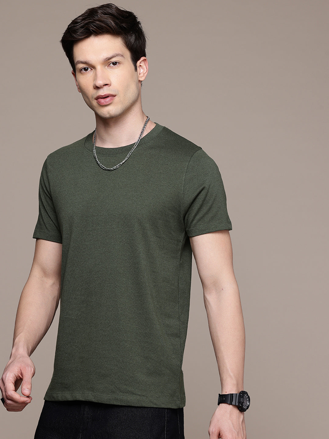 Mens Regular Half Sleeve Olive Green T-Shirt