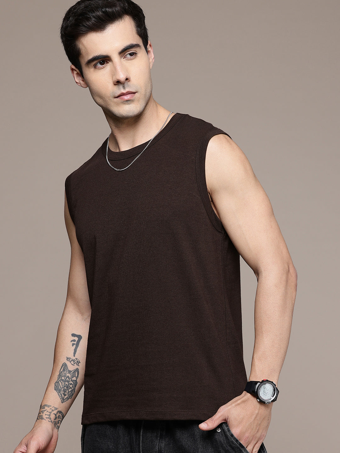 Sleeveless  Coffee Brown  T-Shirt