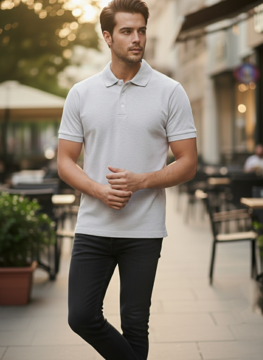 White Melange Polo T-Shirt
