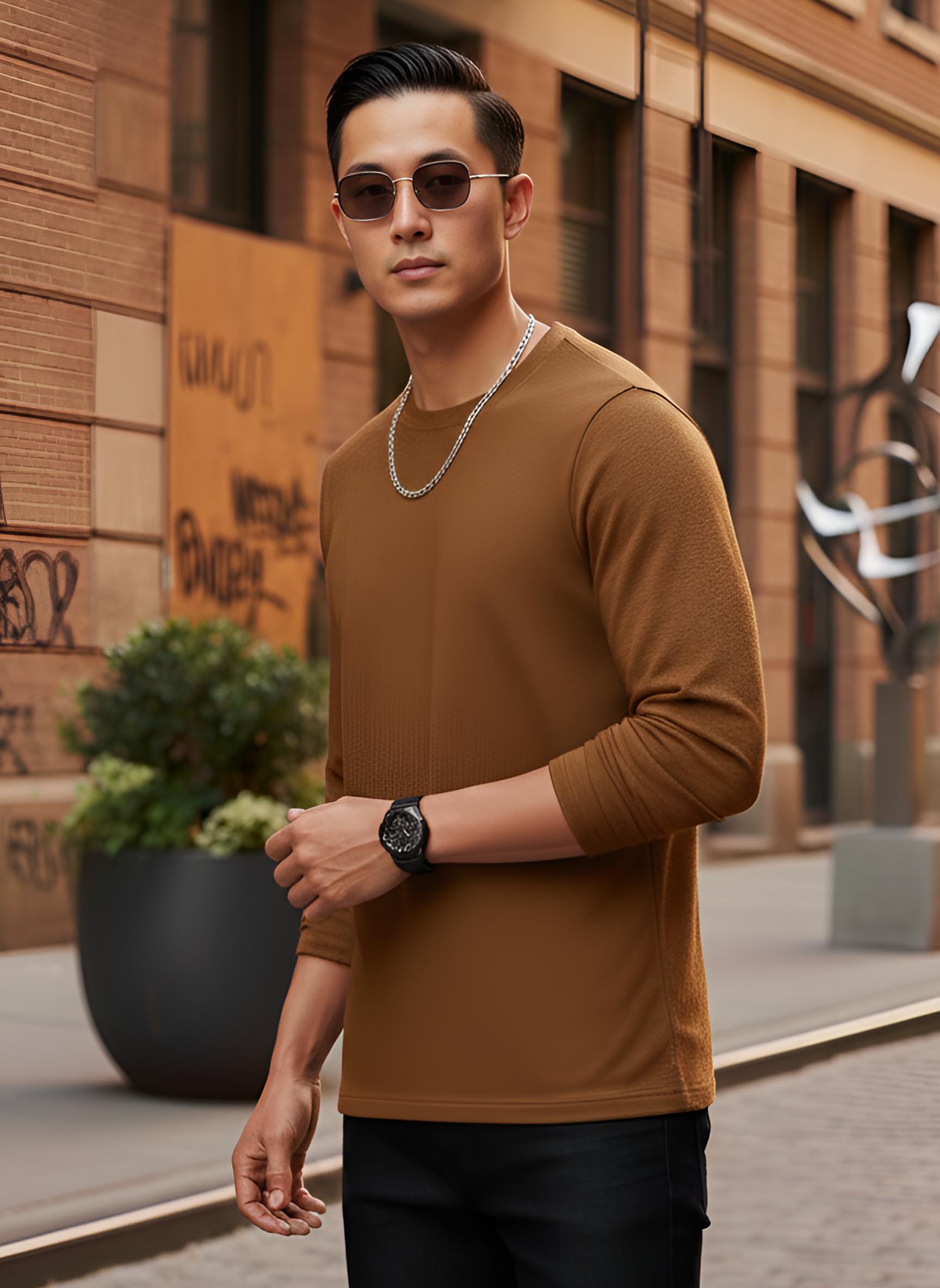 Long Sleeve Mustard Brown T-Shirt