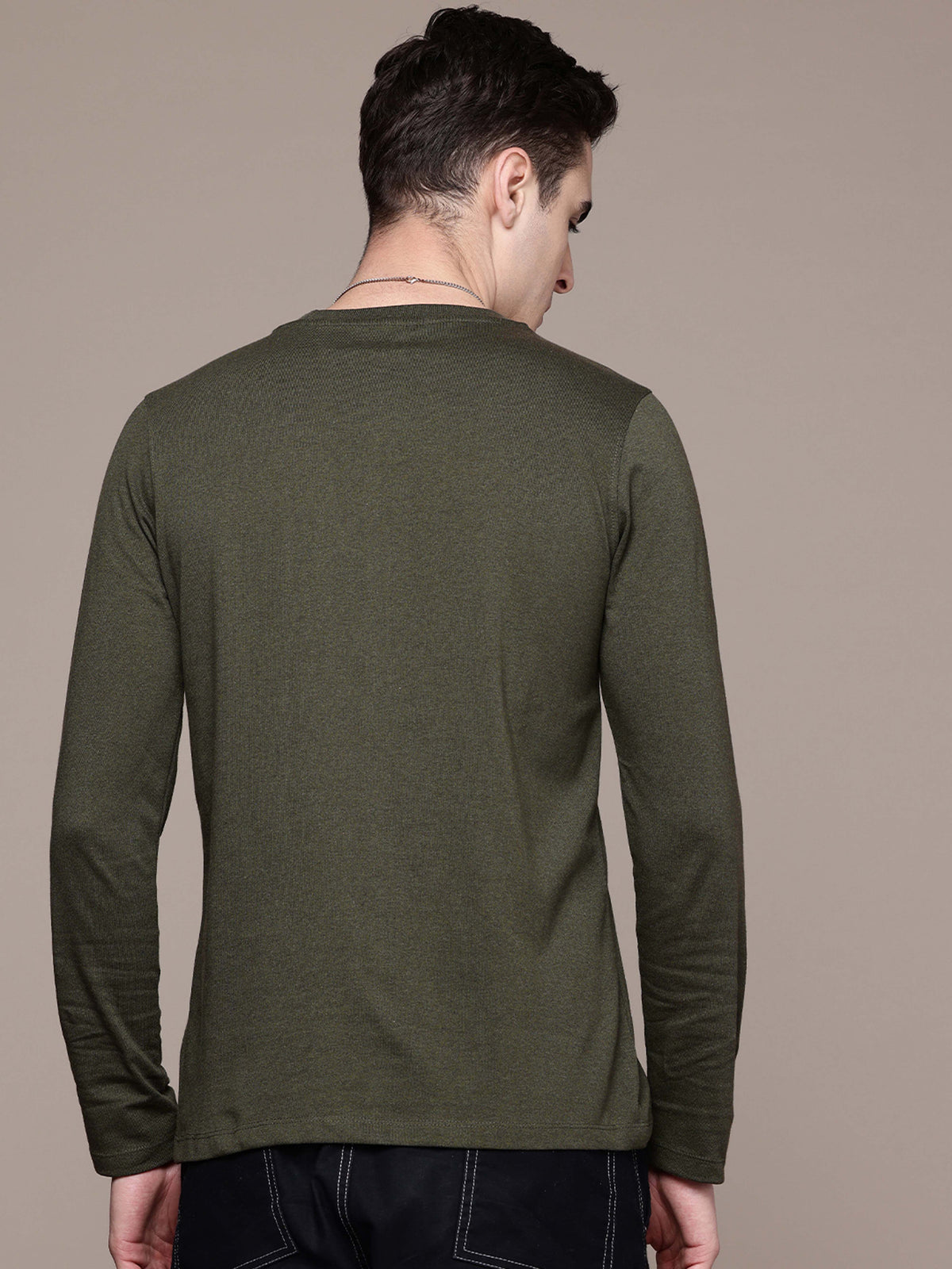 Mens Graphic Long Sleeve Olive Green T-Shirt