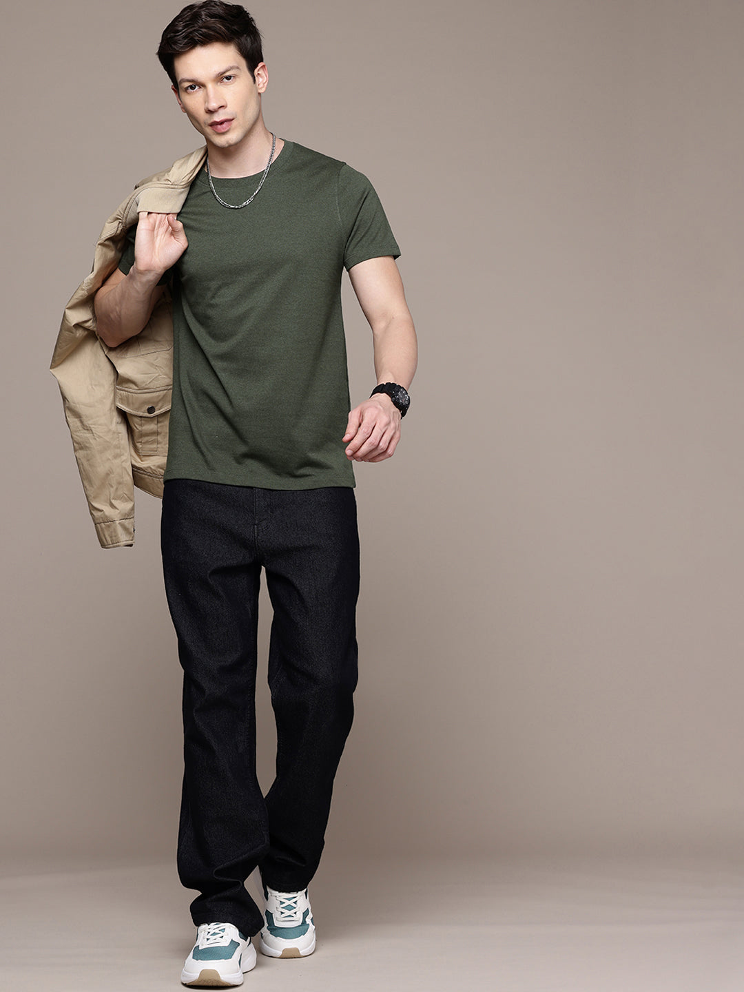 Mens Regular Half Sleeve Olive Green T-Shirt