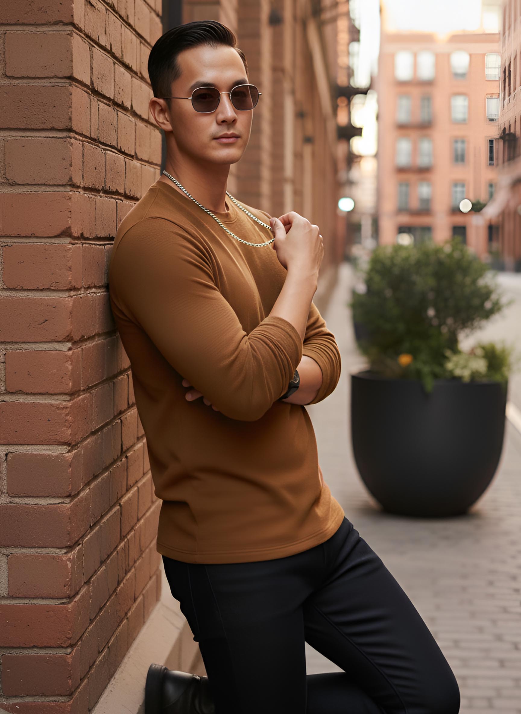 Long Sleeve Mustard Brown T-Shirt