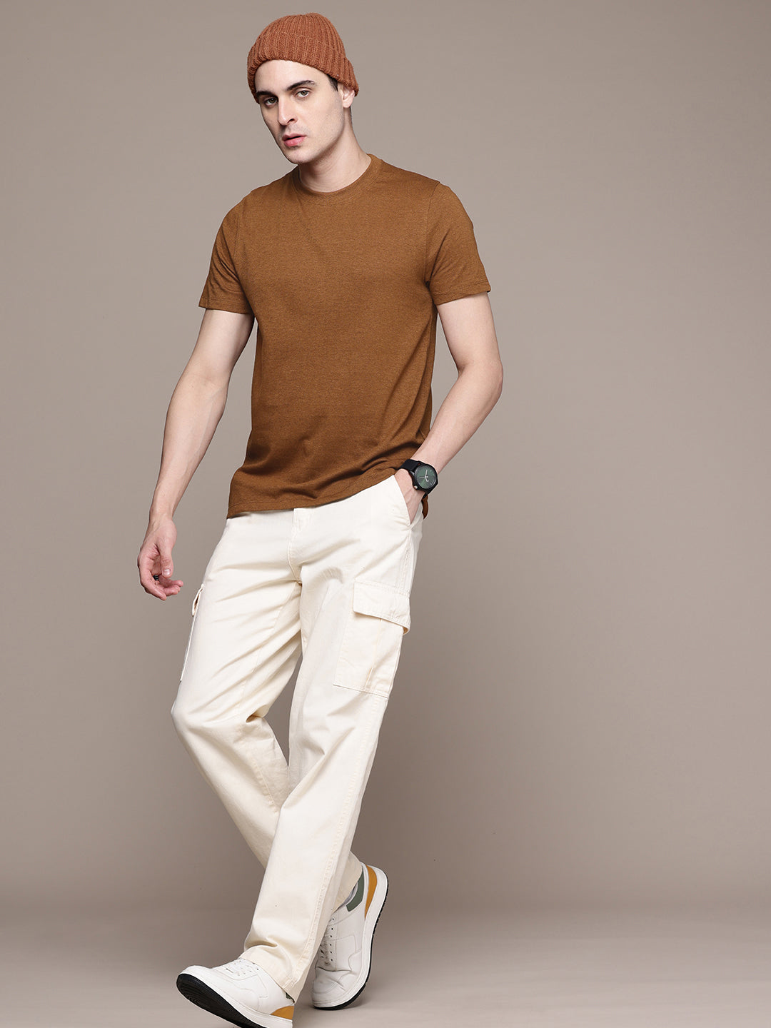 Mens Regular Half Sleeve Mustard Brown T-Shirt