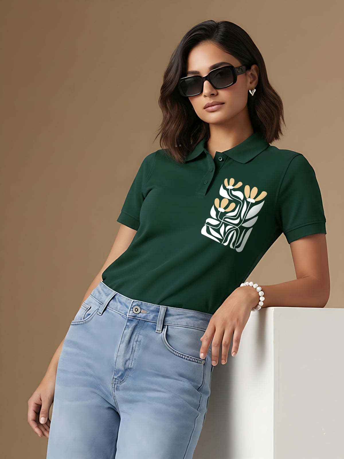 Womens Graphic Polo T-Shirt Flower