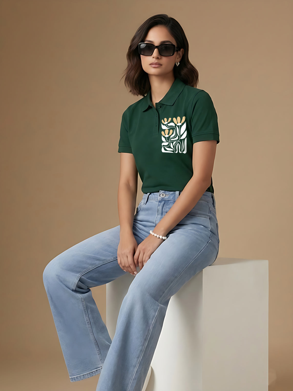 Womens Graphic Polo T-Shirt Flower