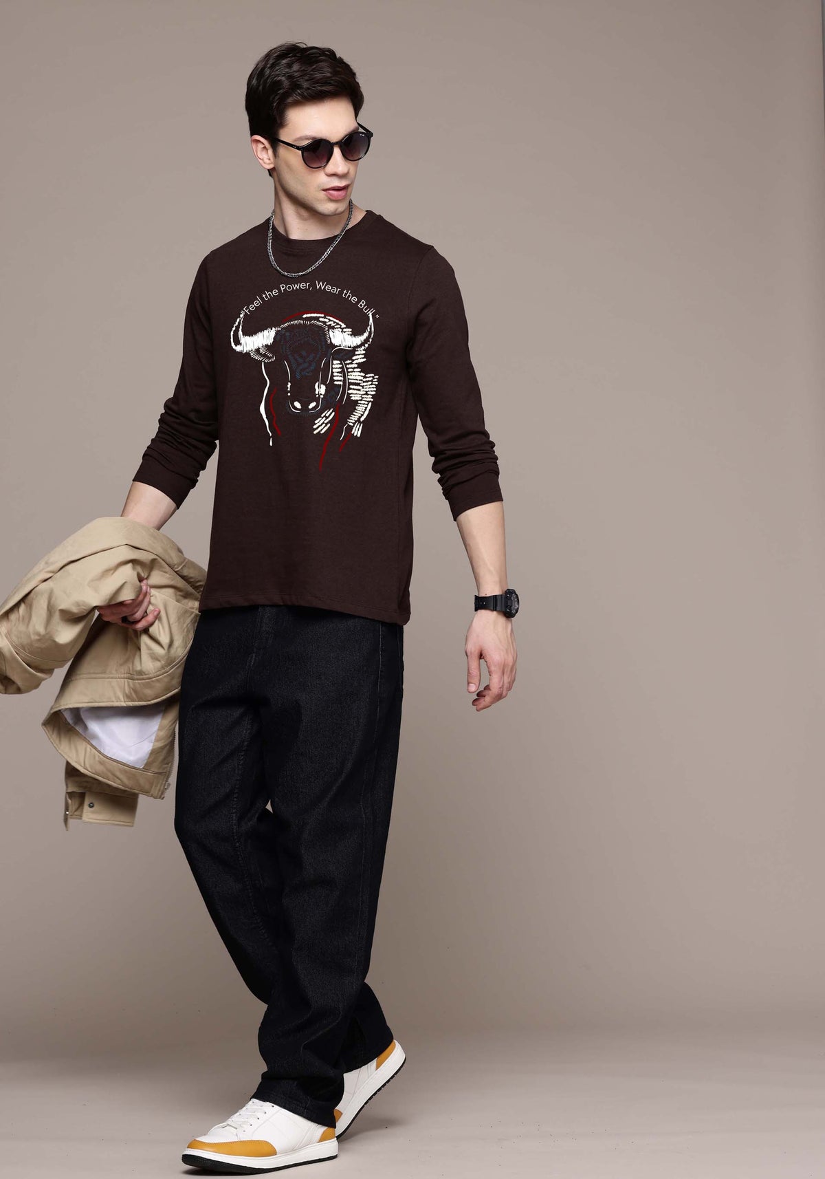 Mens Graphic Long Sleeve Coffee Brown T-Shirt
