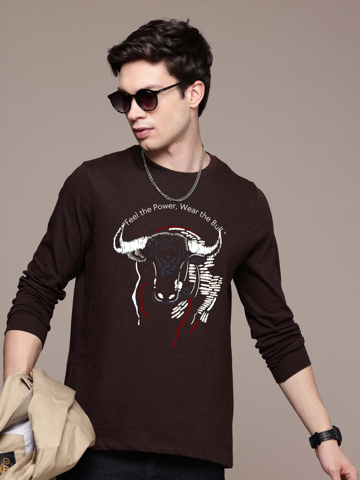 Mens Graphic Long Sleeve Coffee Brown T-Shirt