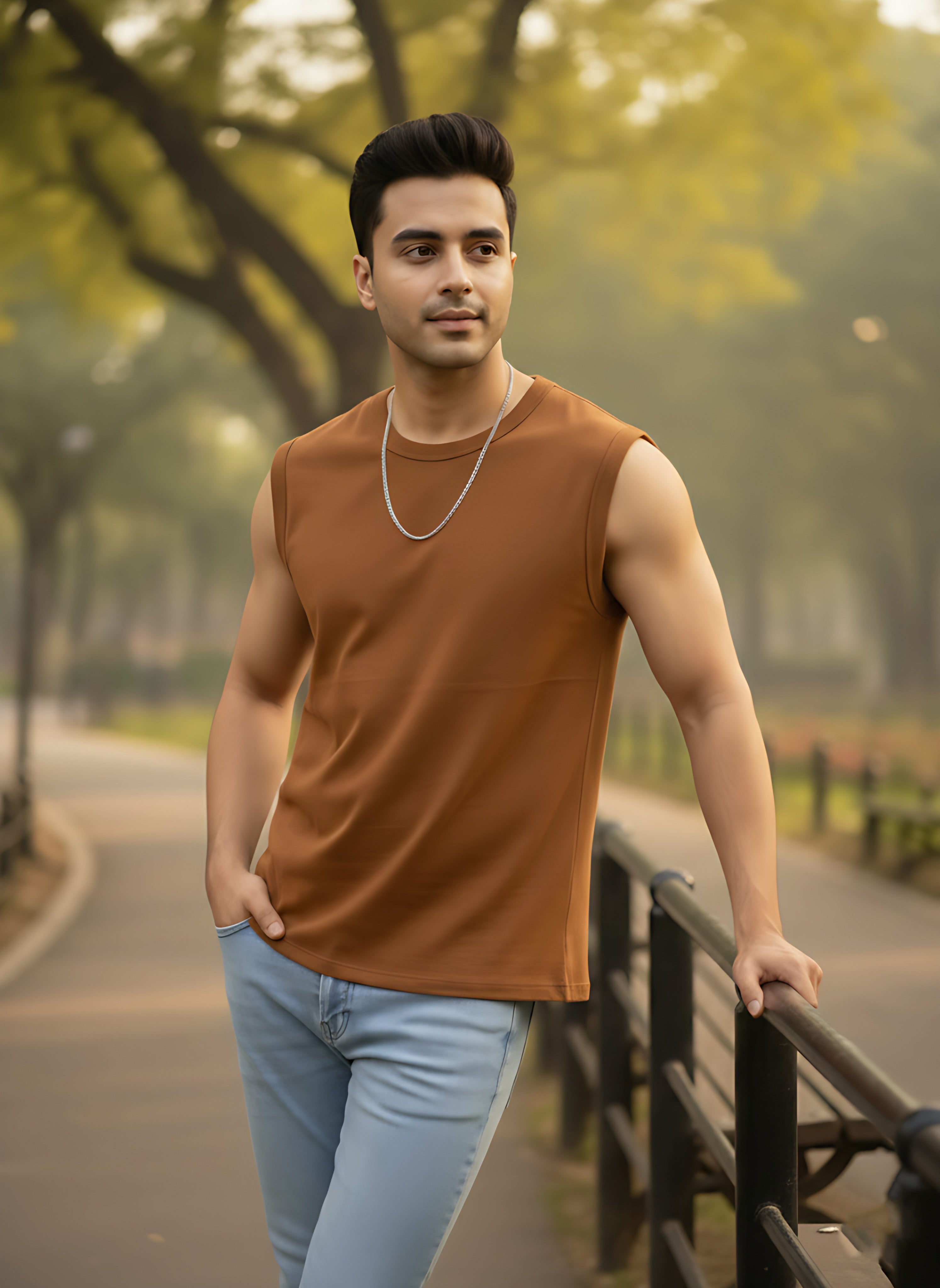 Sleeveless  Mustard Brown T-Shirt