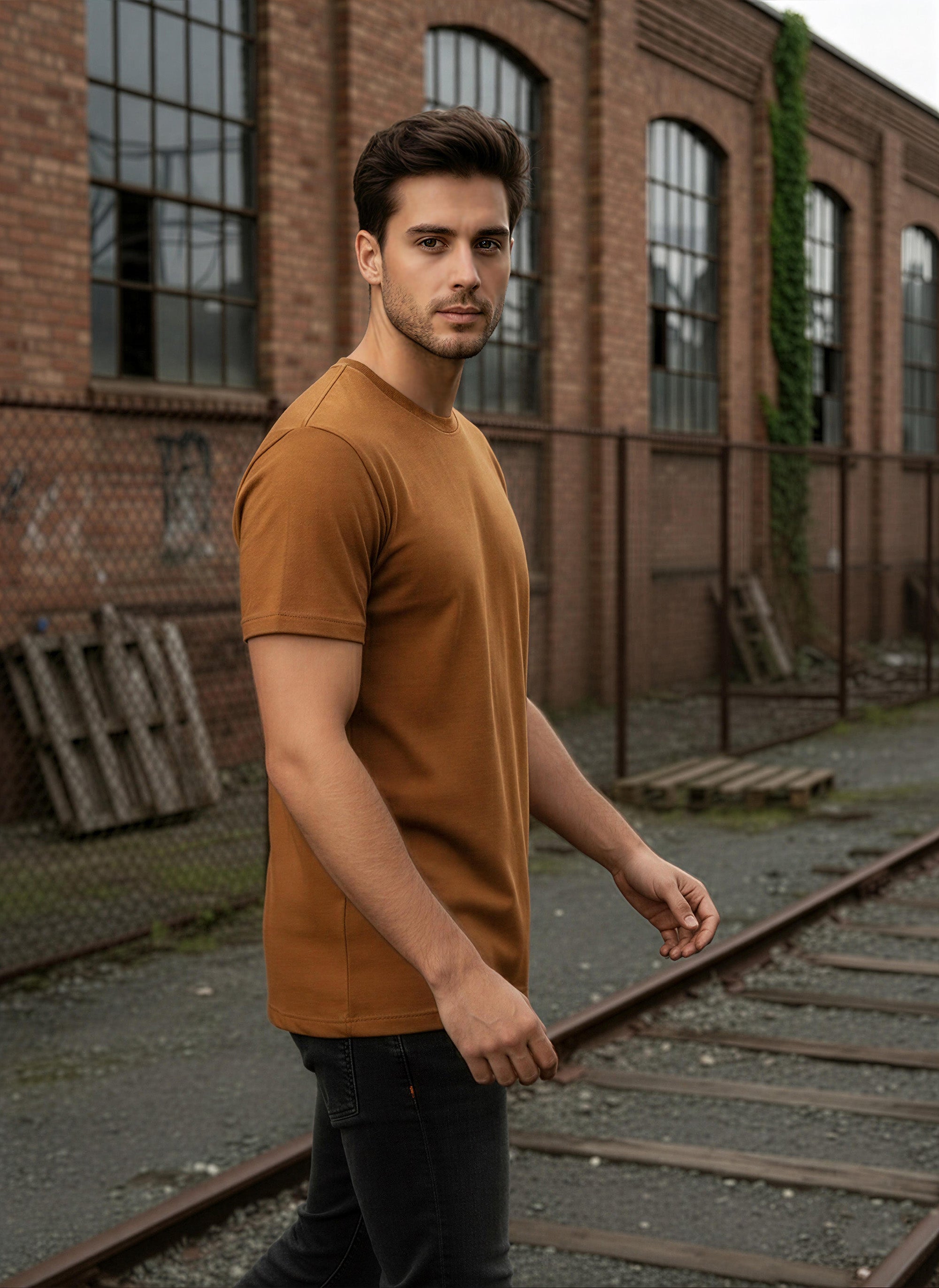 Half Sleeve  Mustard Brown T-Shirt
