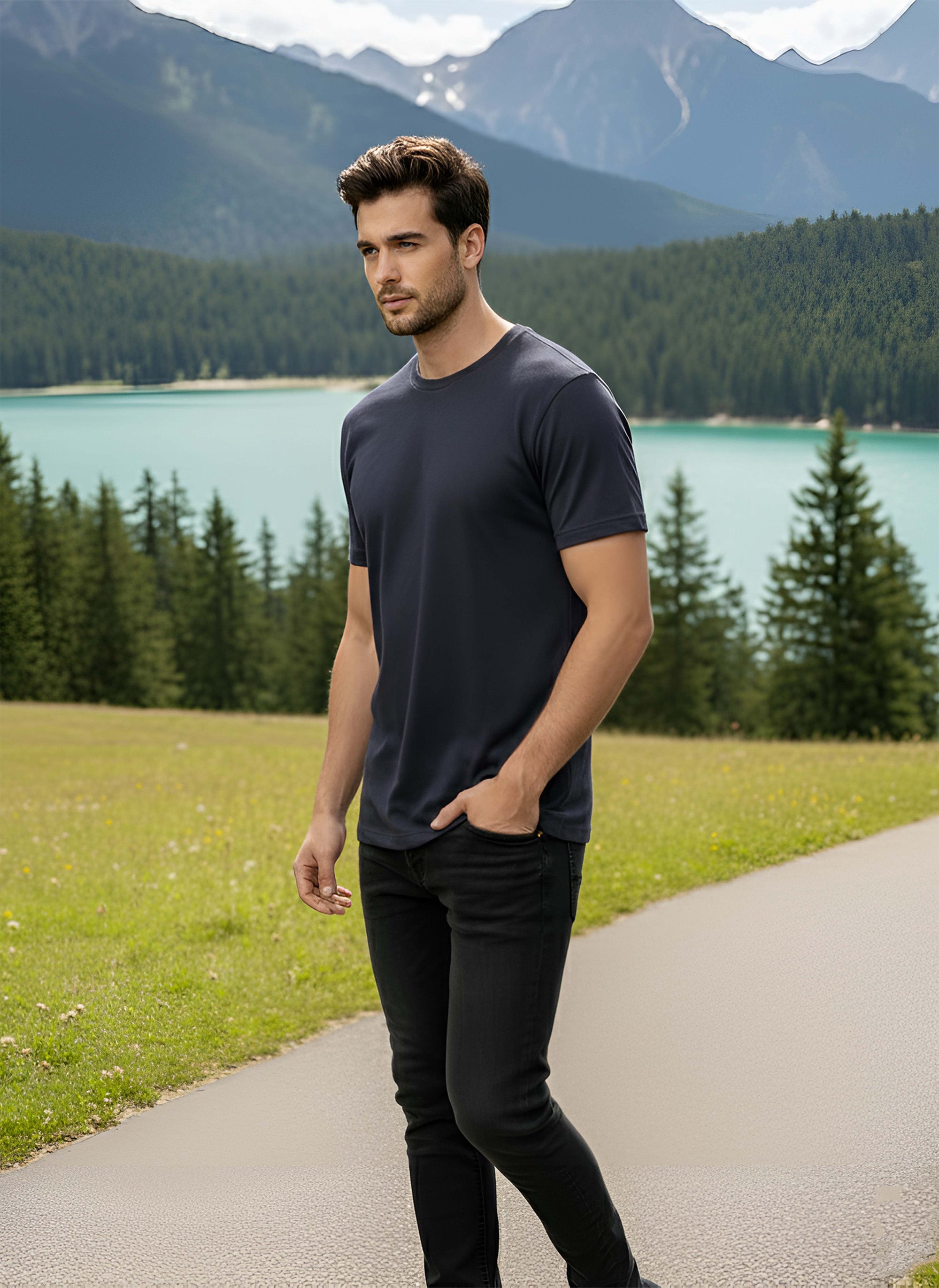 Half Sleeve  Navy Melange T-Shirt