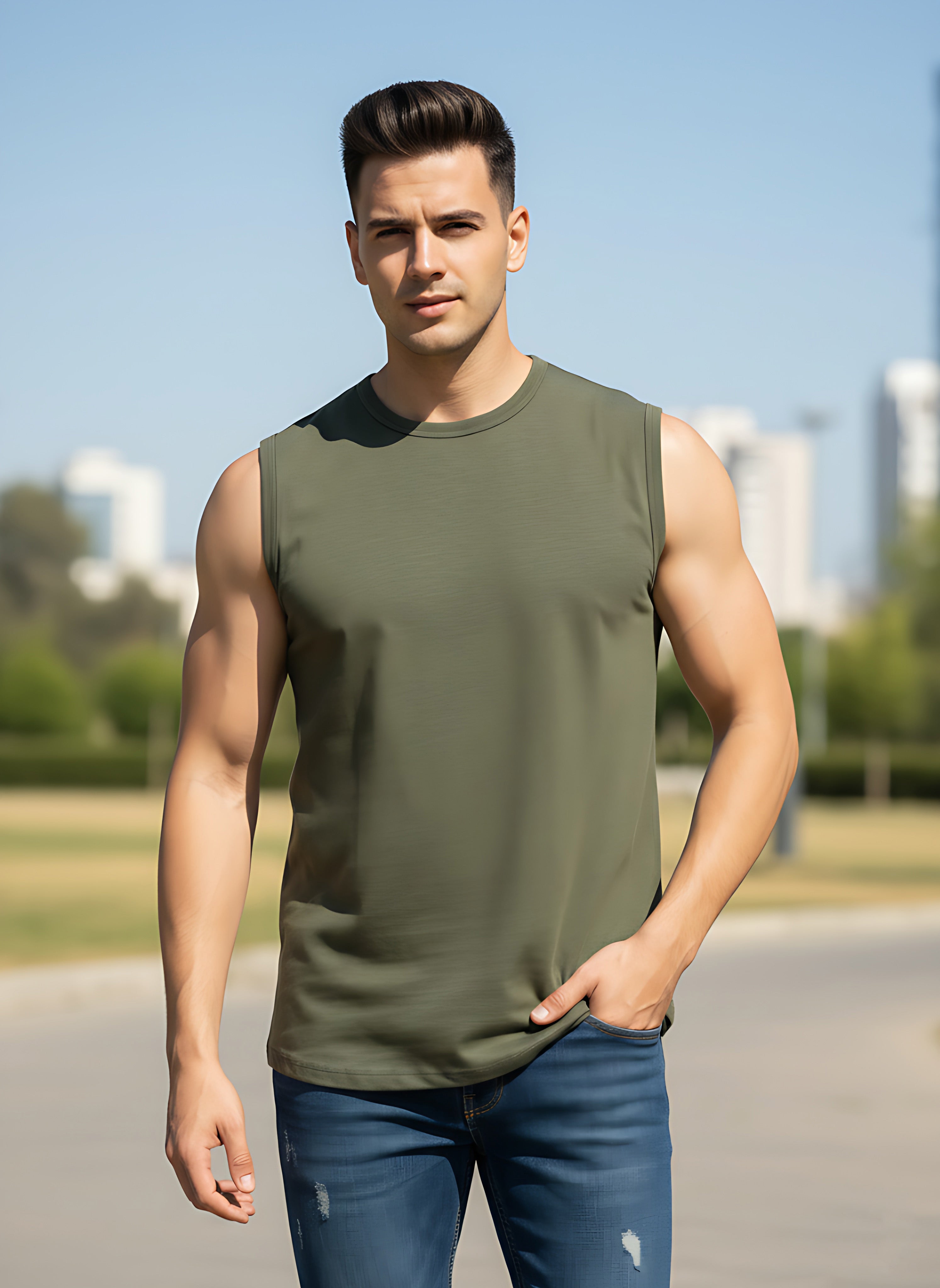 Sleeveless Olive Green T-Shirt