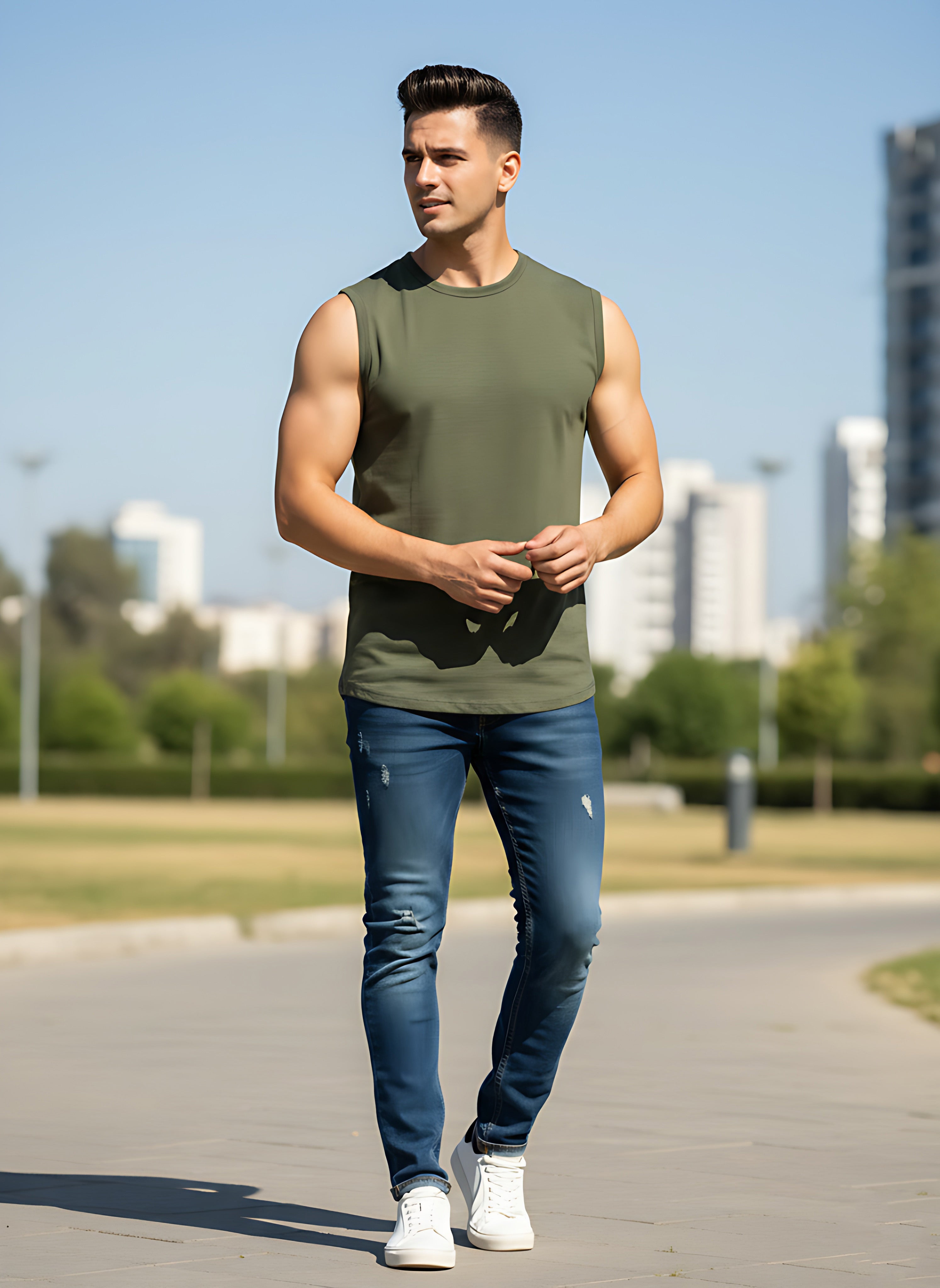 Sleeveless Olive Green T-Shirt