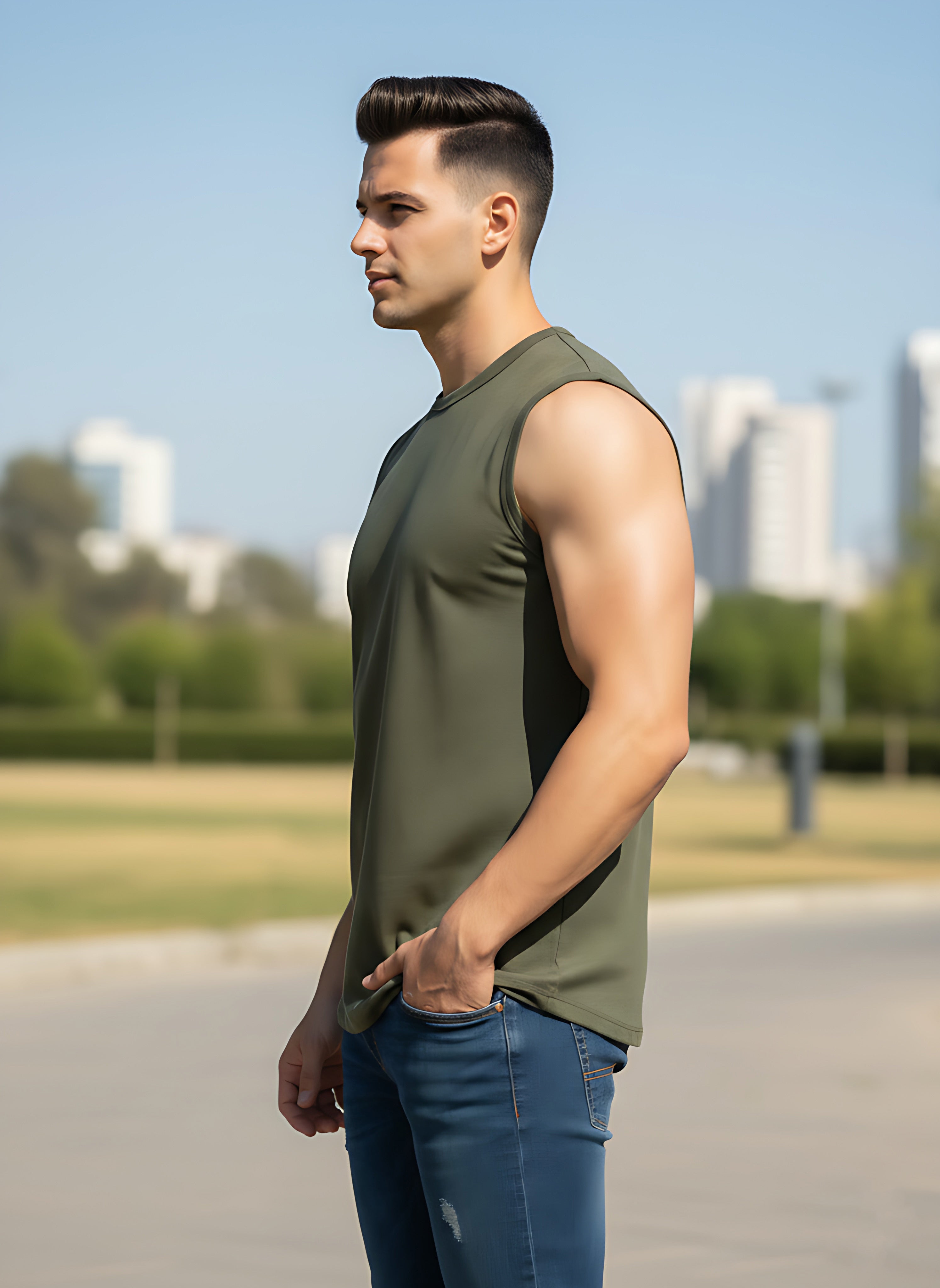 Sleeveless Olive Green T-Shirt