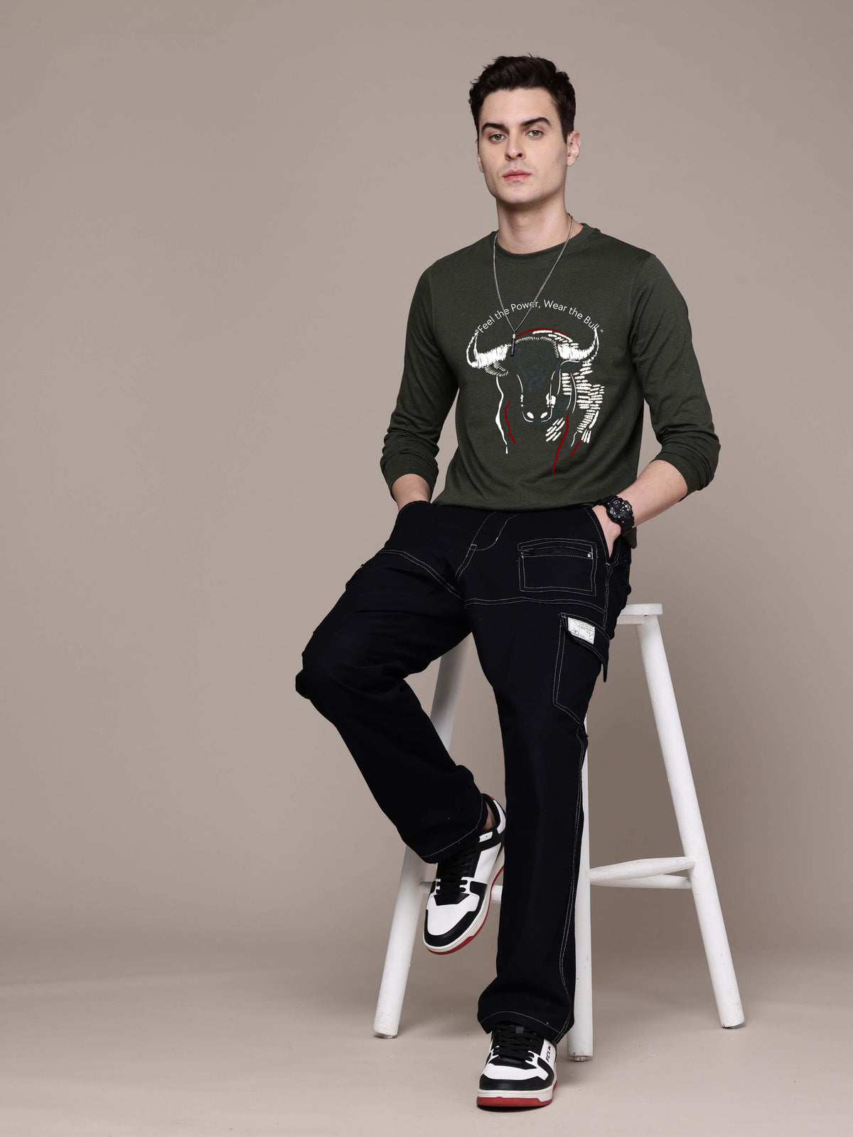 Mens Graphic Long Sleeve Olive Green T-Shirt