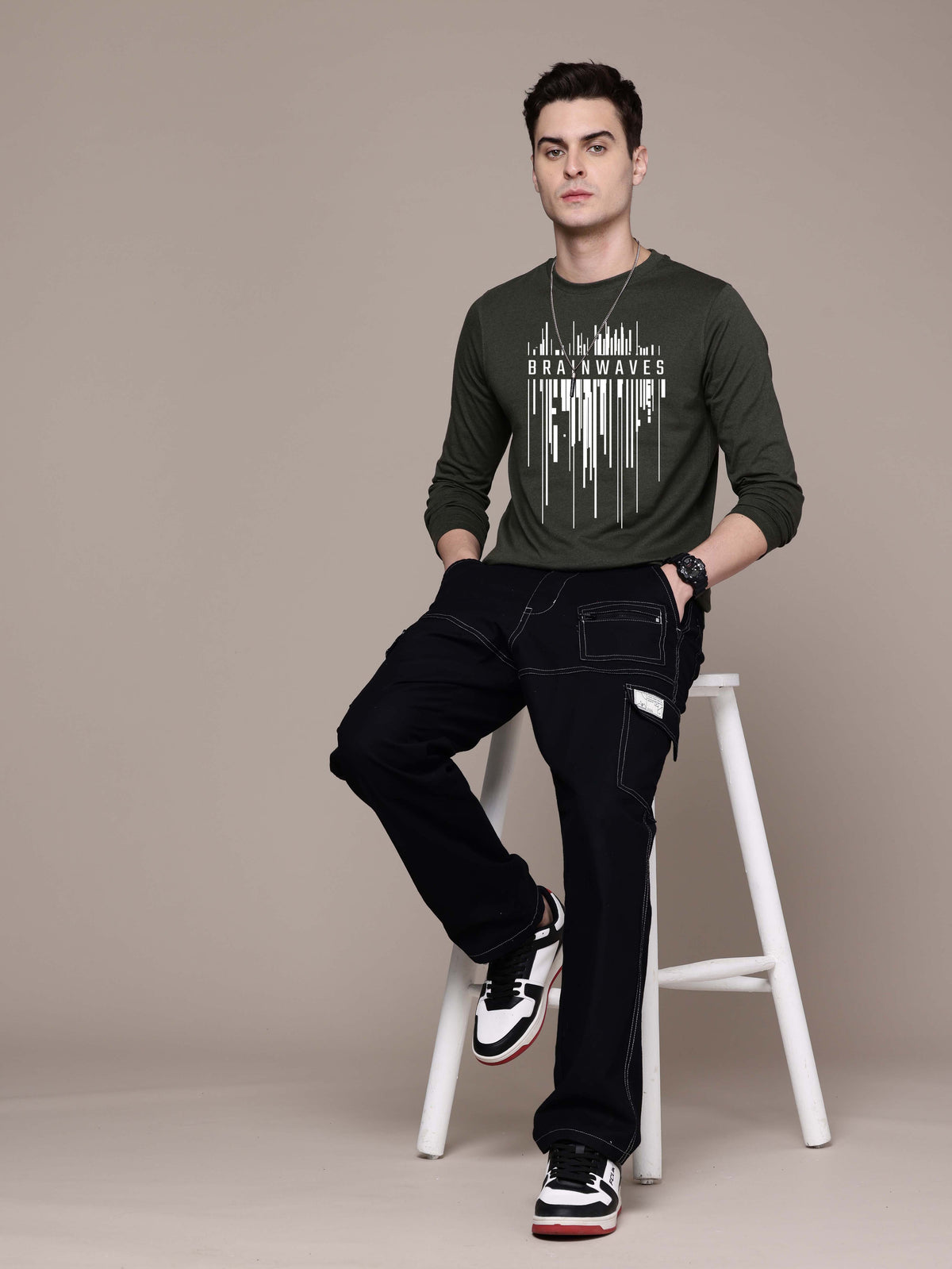 Mens Garphic Long Sleeve Olive Green T-Shirt