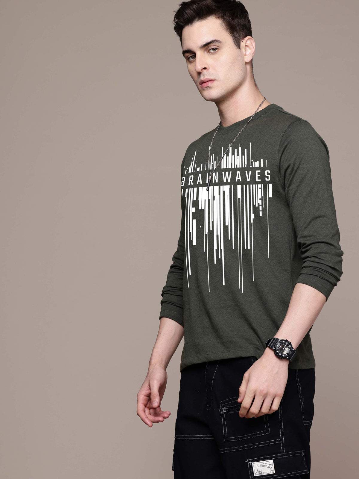 Mens Garphic Long Sleeve Olive Green T-Shirt