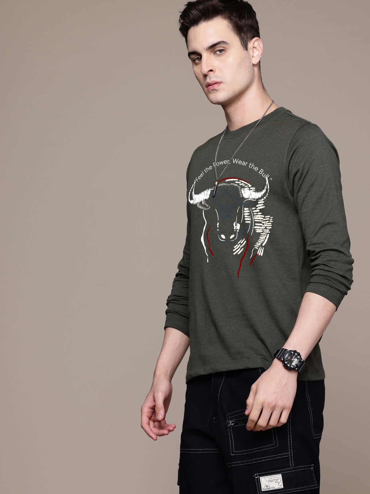 Mens Graphic Long Sleeve Olive Green T-Shirt