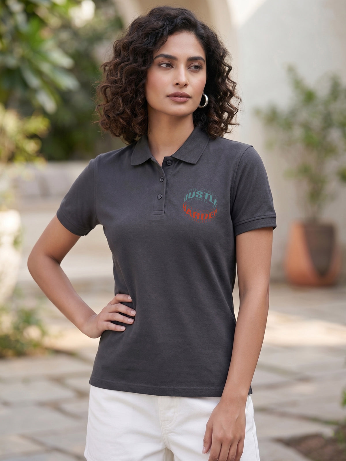 Womens Graphic Polo T-Shirt Hustle