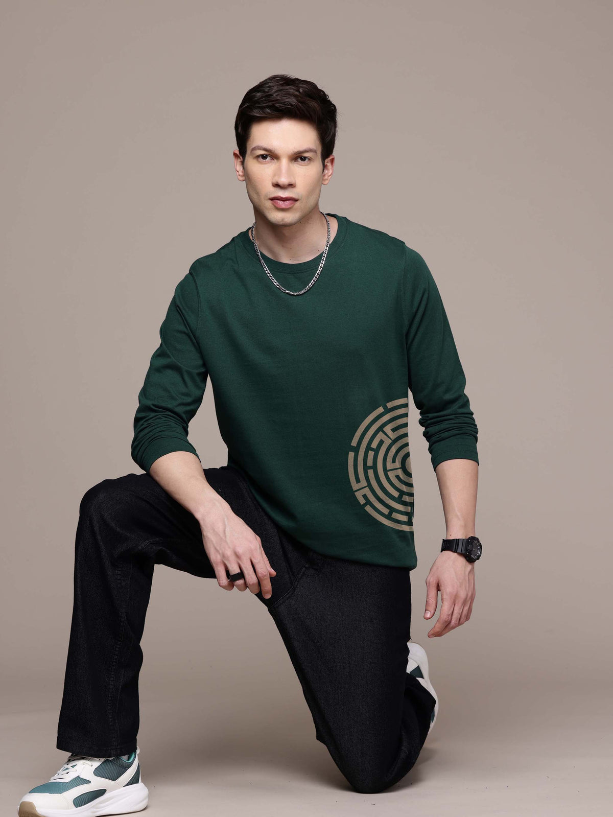 Mens graphic Long Sleeve Bottle Green T-Shirt