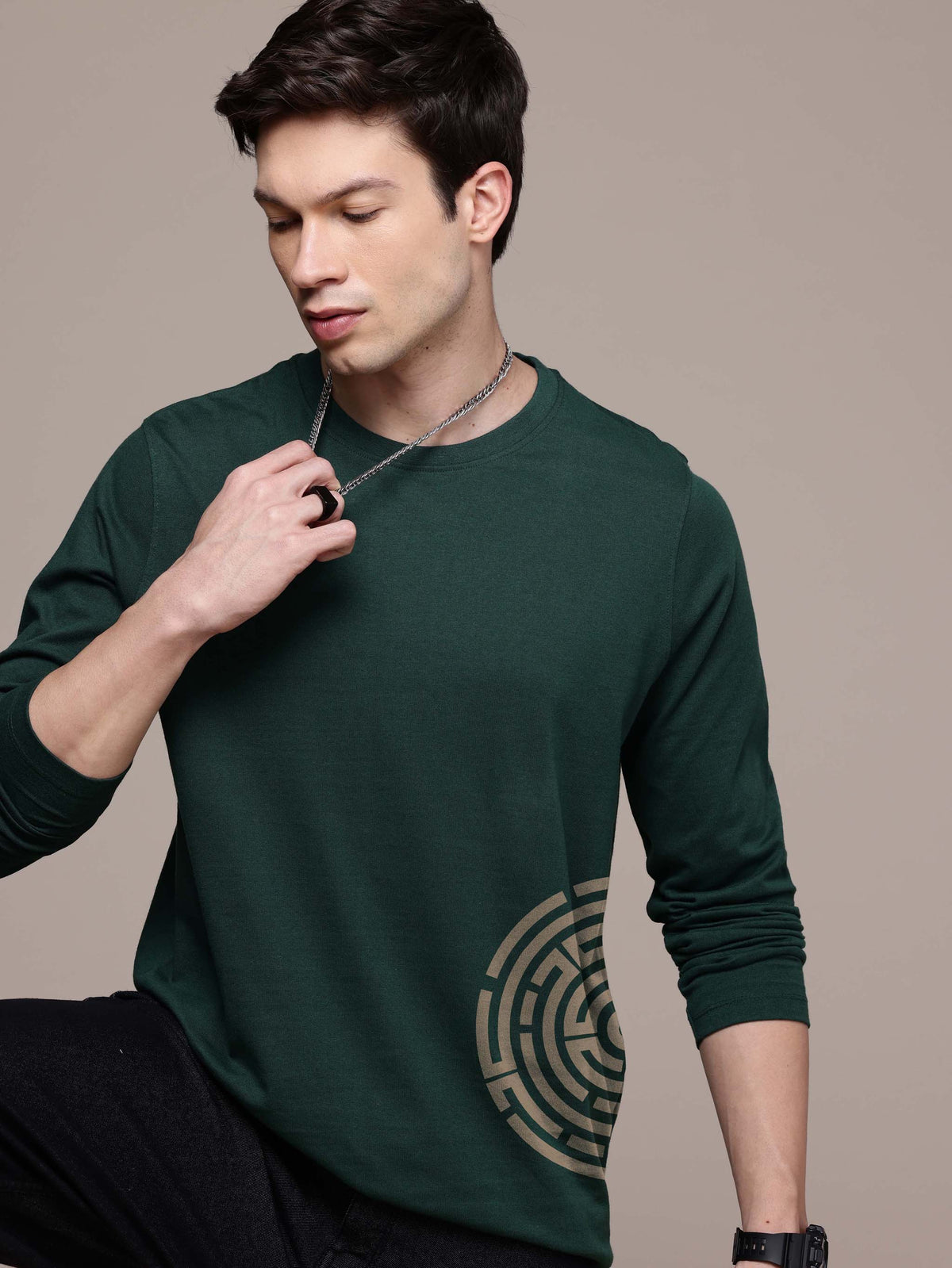 Mens graphic Long Sleeve Bottle Green T-Shirt