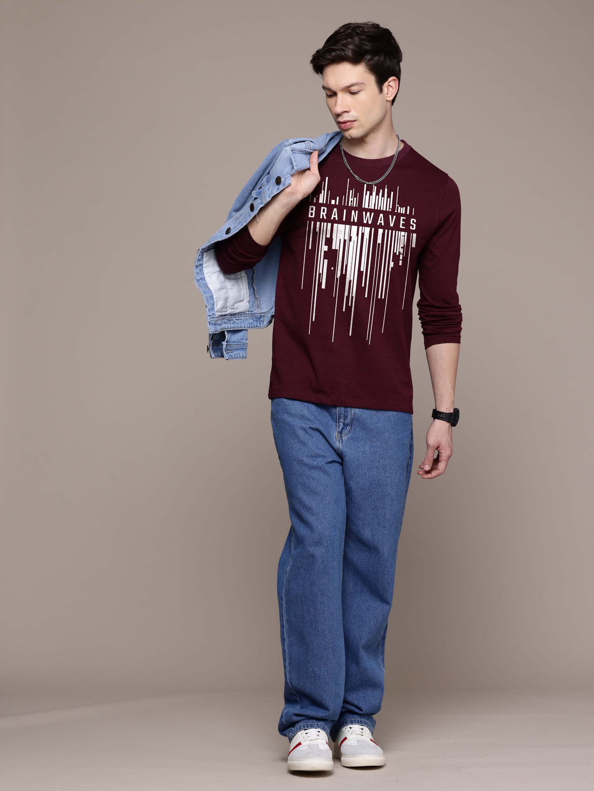 Mens Graphic Long Sleeve Burgundy T-Shirt