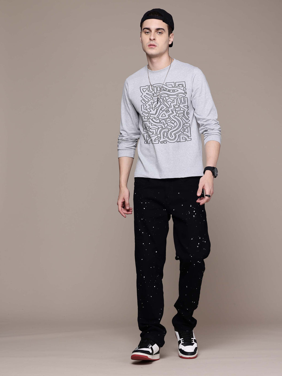 Mens Grphic Long Sleeve Grey melange T-Shirt (Copy)