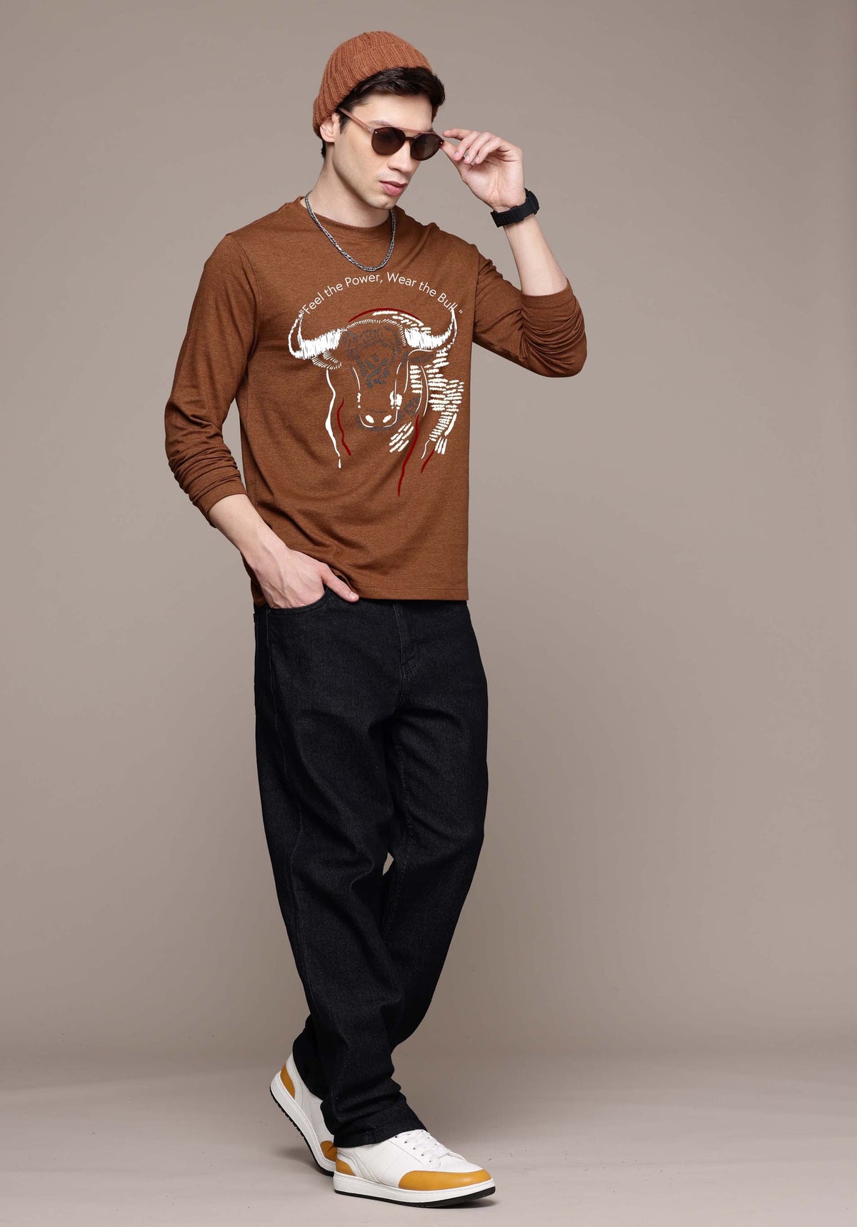 Mens Graphic Long Sleeve Mustard Brown T-Shirt