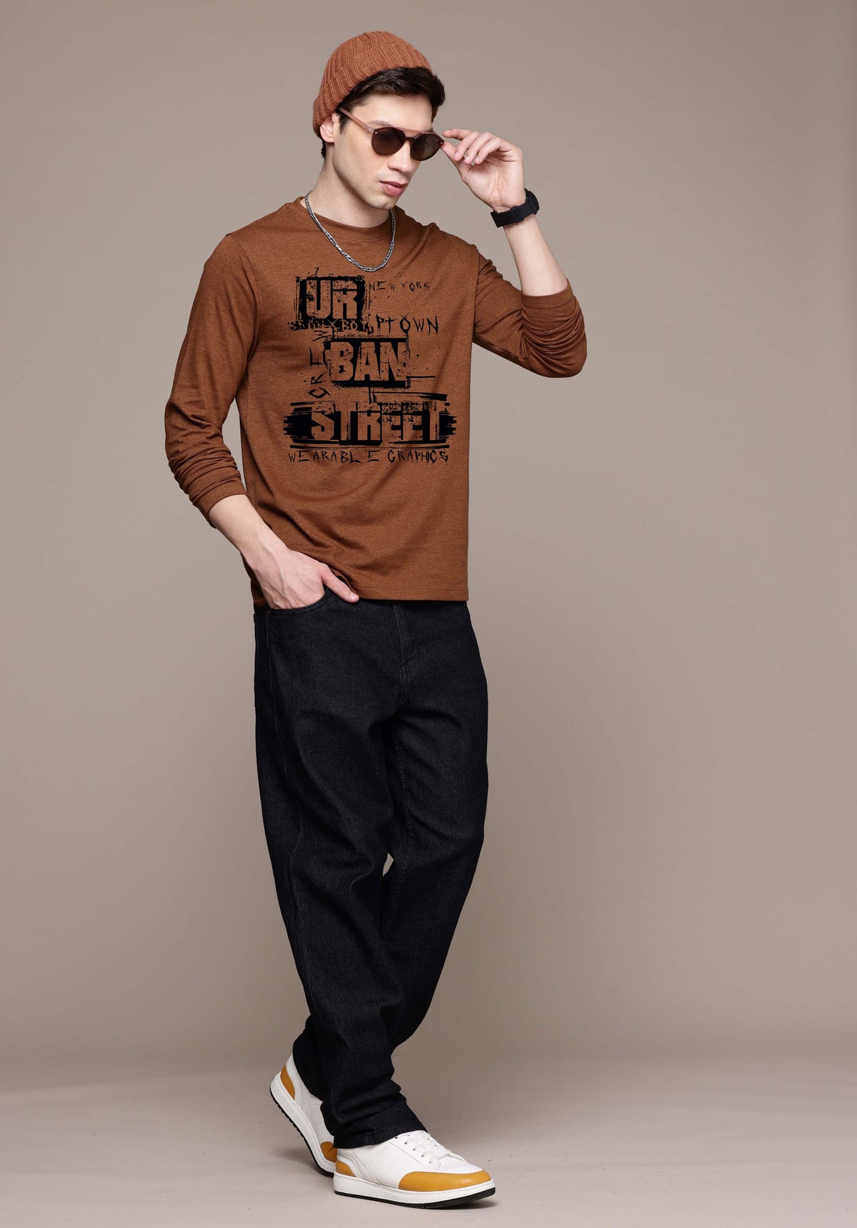 Mens Graphic Long Sleeve Mustard Brown T-Shirt