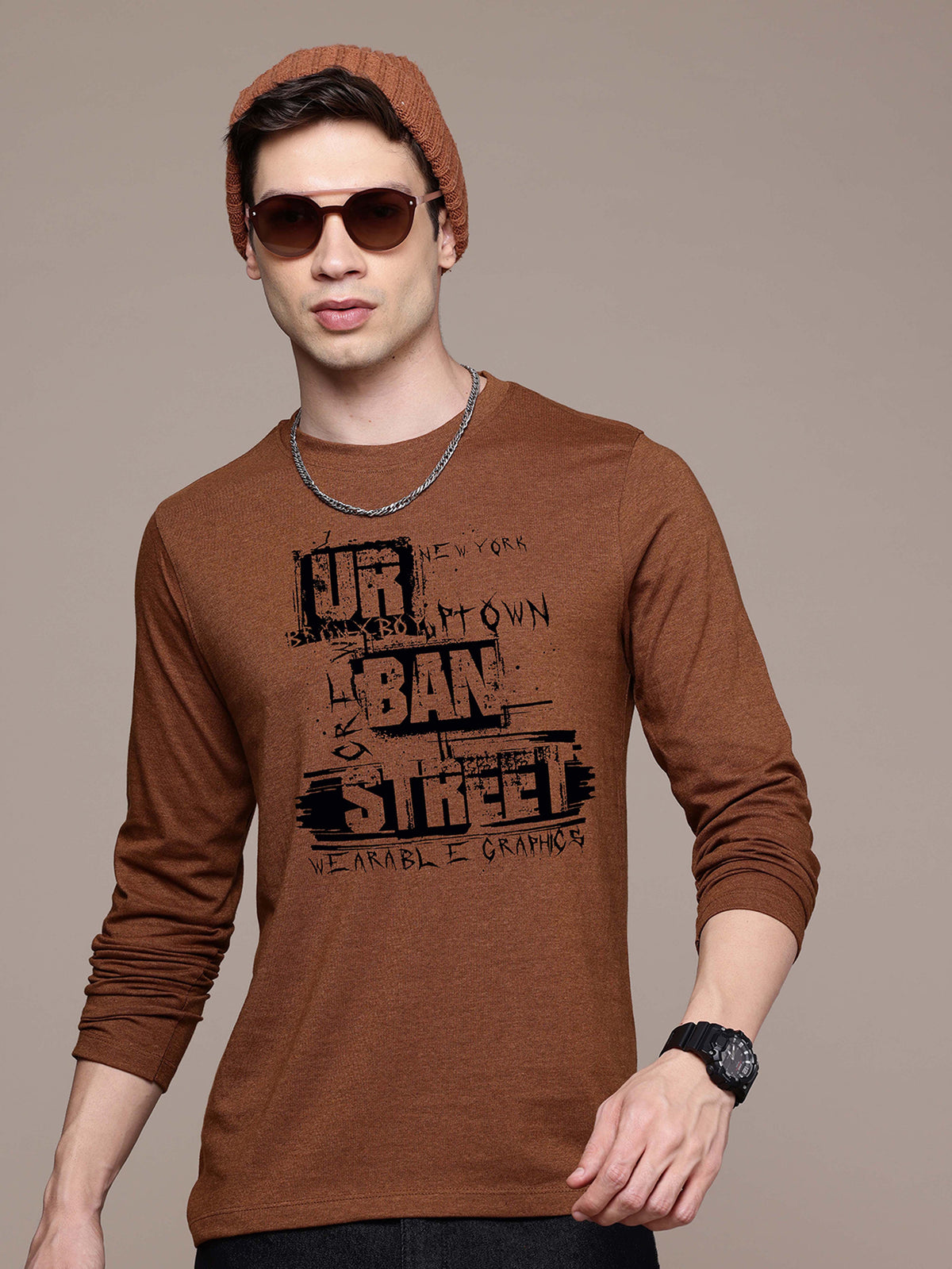 Mens Graphic Long Sleeve Mustard Brown T-Shirt