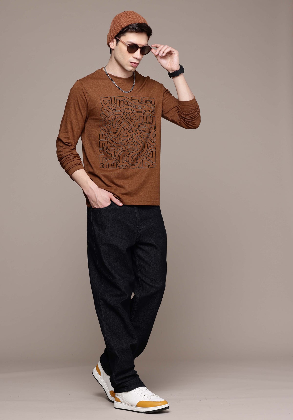 Mens Garphic Long Sleeve Mustard Brown T-Shirt
