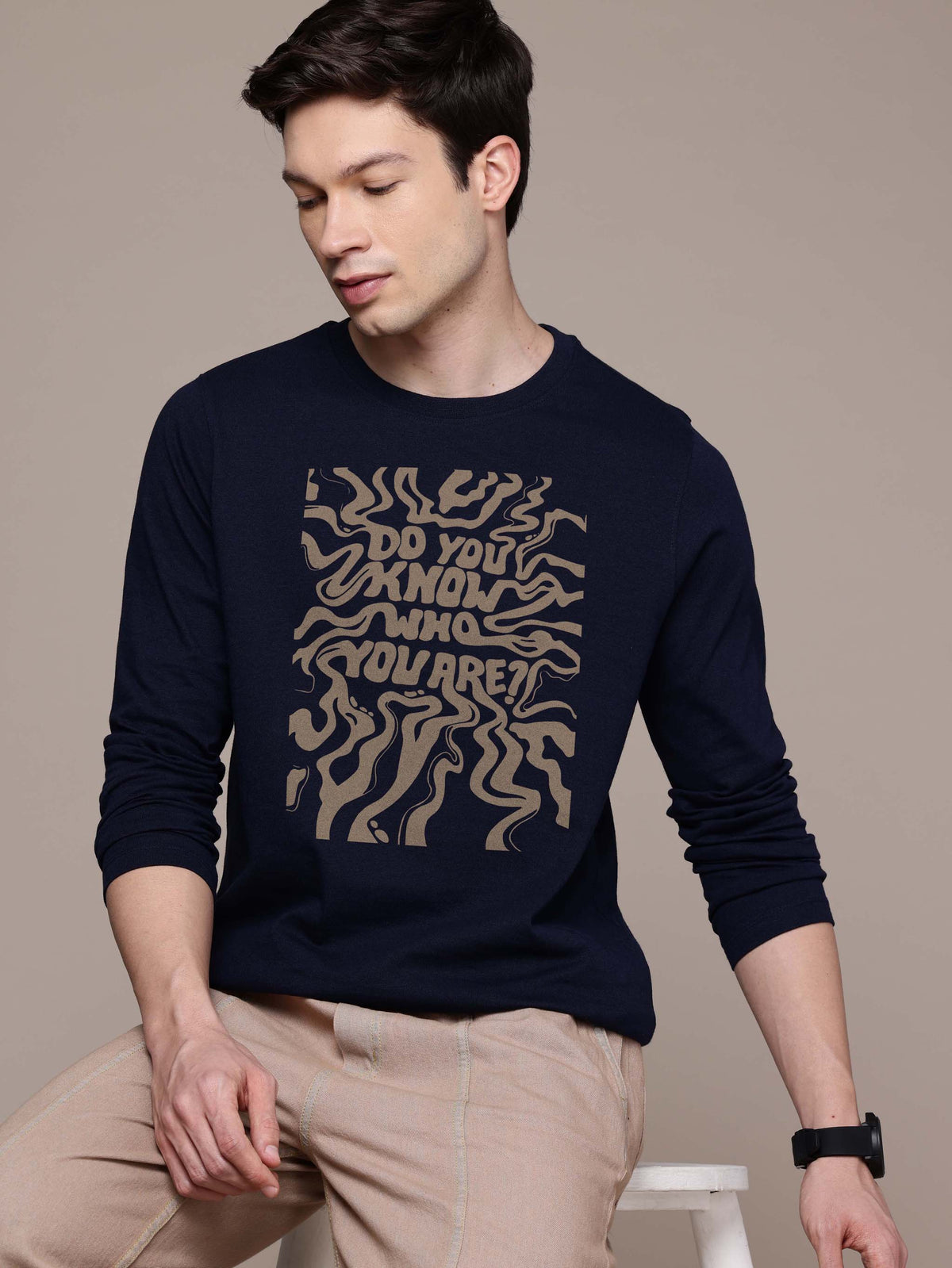 Mens Graphic Long Sleeve Navy T-Shirt