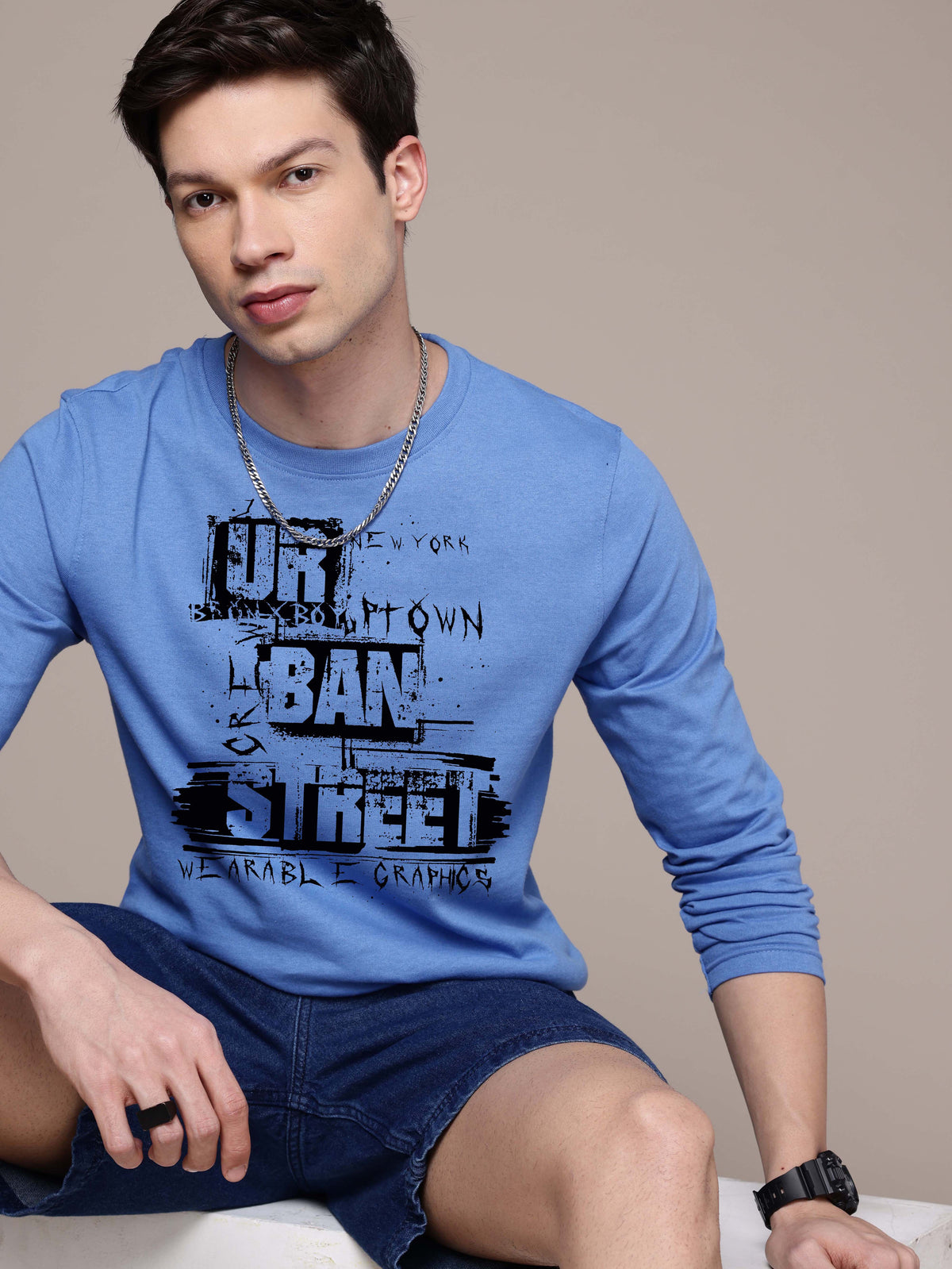 Mens Graphic Long Sleeve Sky Blue T-Shirt